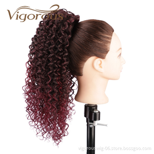 Vigorous High Quality Wholesale Long Ombre Burgundy Kinky Curly Machine Made Updo Drawstring Synthetic Ponytail Hair Extension